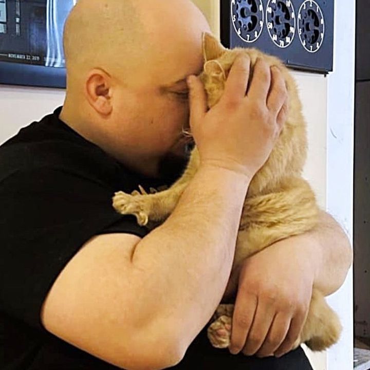 man hugs cat