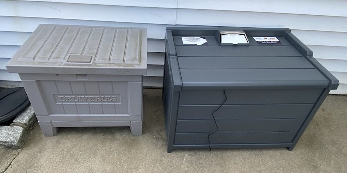 a photo of Yale Smart Delivery box next to BenchSentry by Genie delivery box