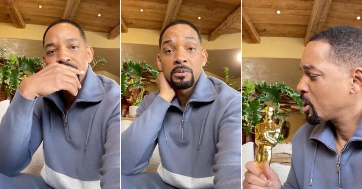 Screenshots of Will Smith's TikTok video holding an Oscar