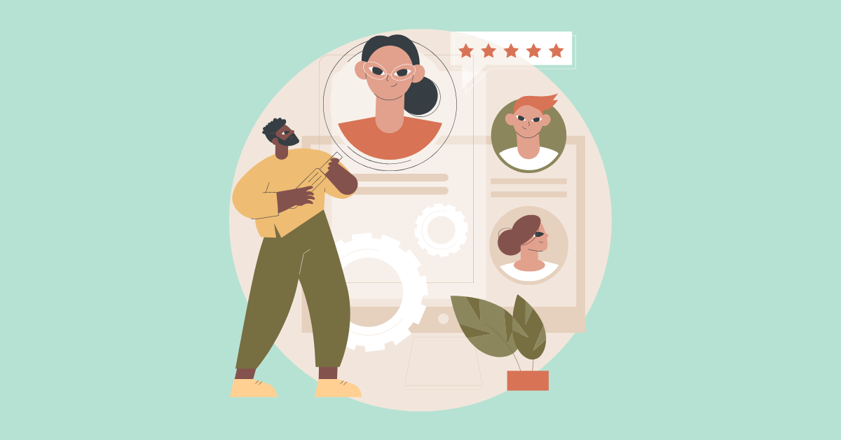 A cartoon image of a recruiter looking at different candidate profiles online