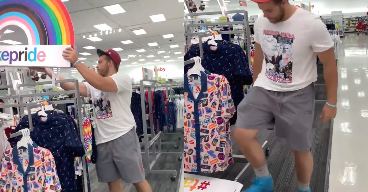 Screenshots of Ethan Schmidt removing and stomping on the Pride apparel sign in Target