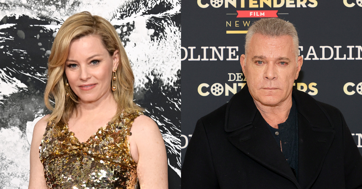 A split image with Elizabeth Banks in a gold sequined dress on the left and Ray Liotta in a black pea coat on the right