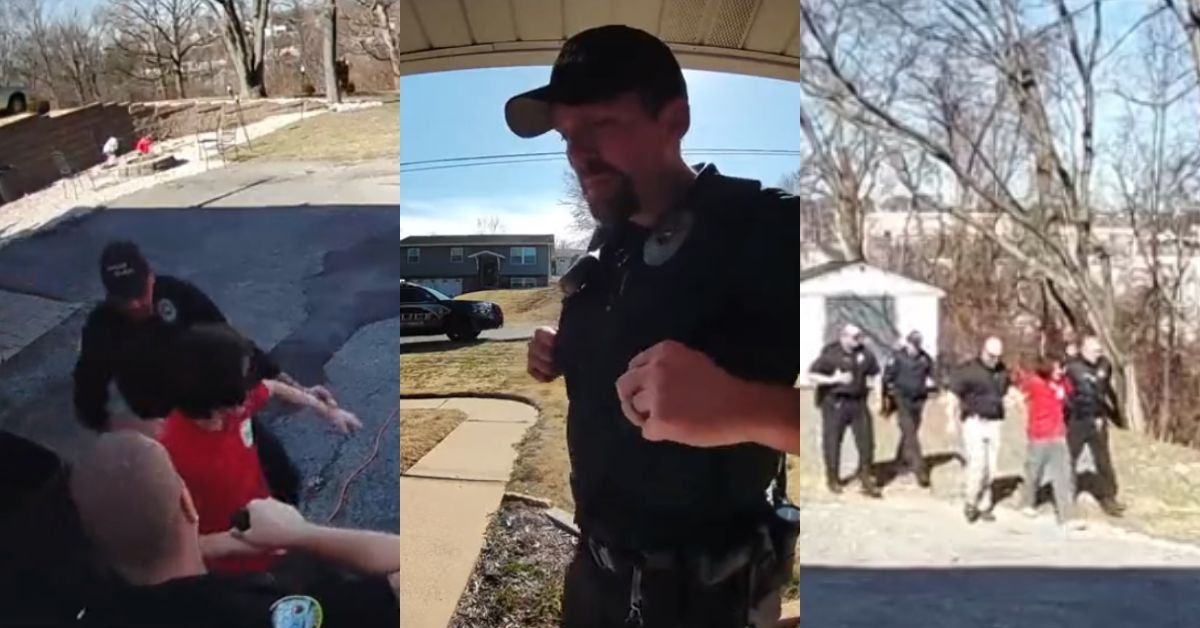 Screenshots of Ring footage showing police apprehending a suspect