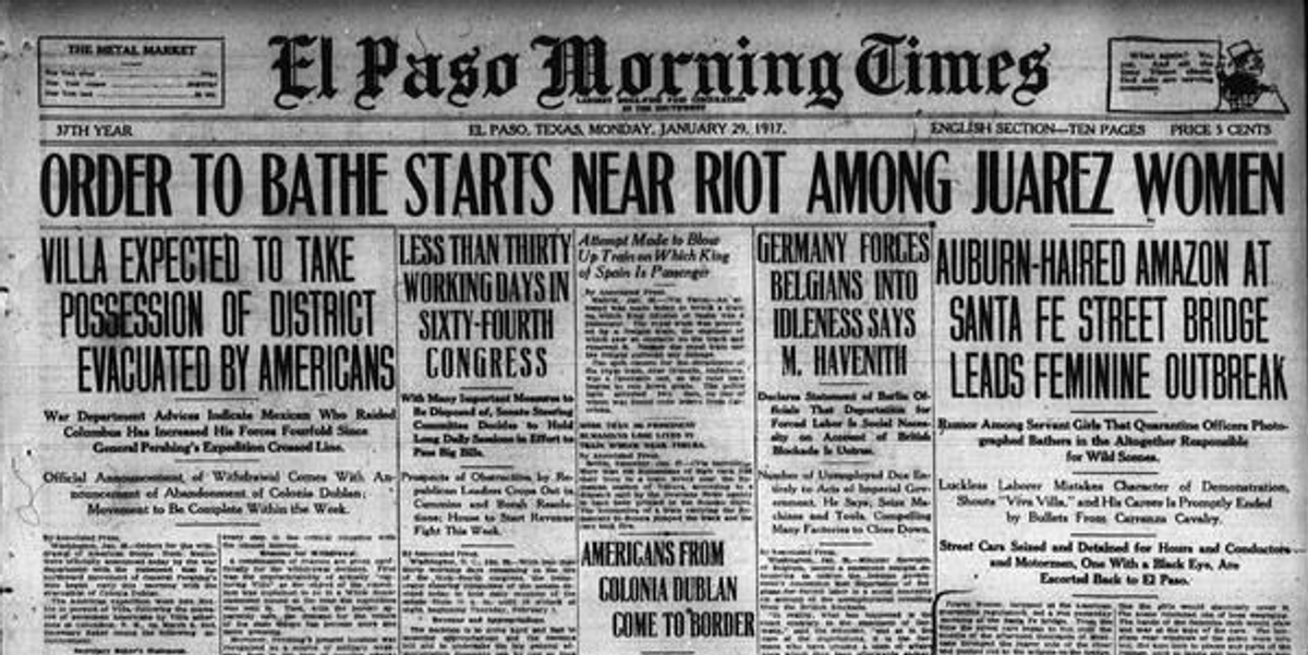 The Bath Riots headline an El Paso newspaper on January 29, 1917. The report describes Carmelita as an \u201cauburn-haired amazon.\u201d