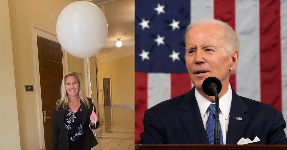 Marjorie Taylor Greene holding a white balloon; Joe Biden