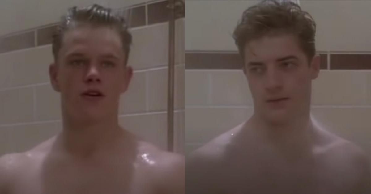 Split screen of screenshots of Matt Damon and Brendan Frasier from 'School Ties' shower scene