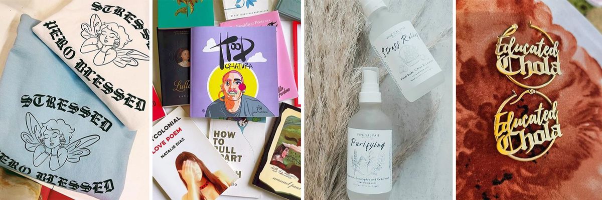 a four-part collage of latina-owned brands and businesses. from left to right: viva la bonita, libreria book bar, vive salvaje aromatherapy and educated chola.