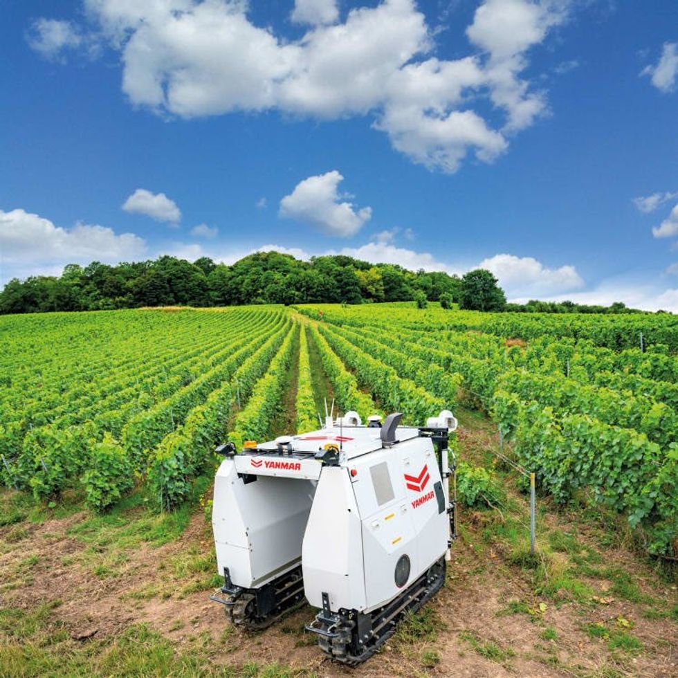 a photo of Yanmar YV01 autonomous robot going into a vineyard to spray
