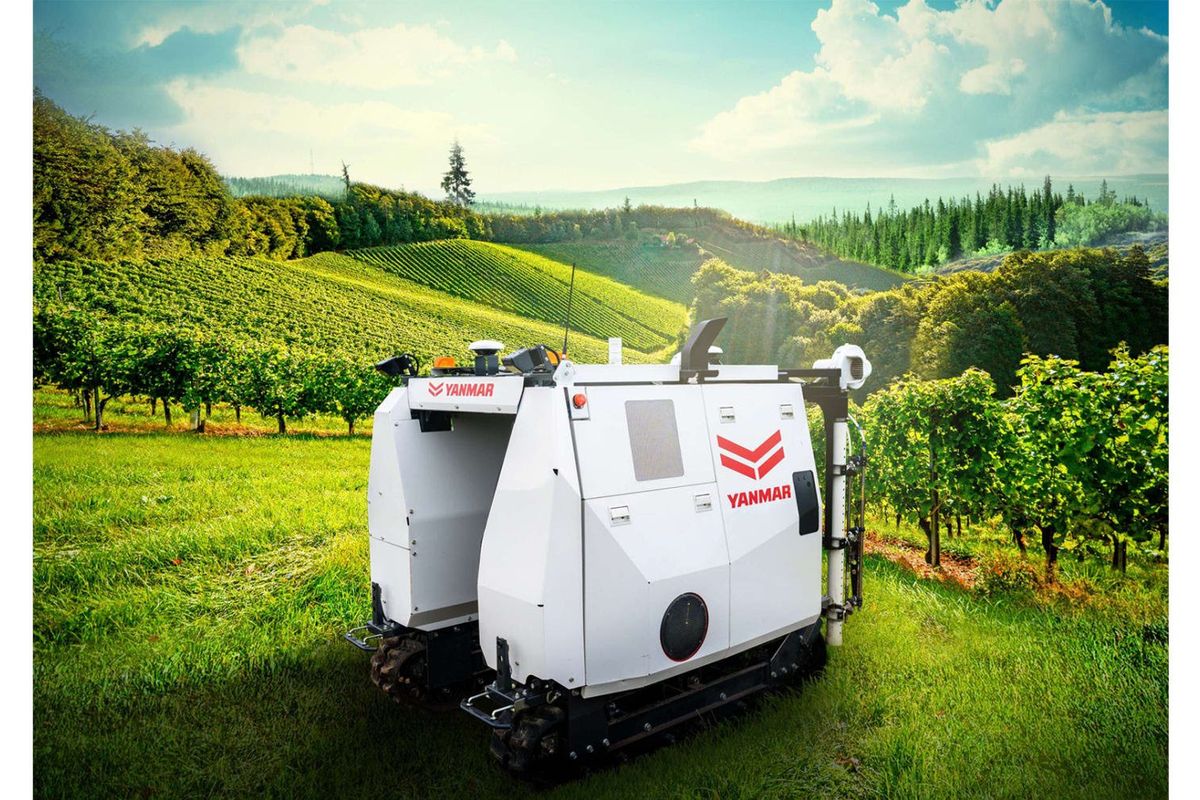 a photo of Yanmar YV01 autonomous smart spraying robot in a vineyard