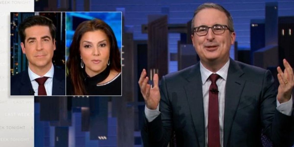 Jesse Watters and Rachel Campos-Duffy of Fox News inset in screenshot of John Oliver from Last Week Tonight With John Oliver