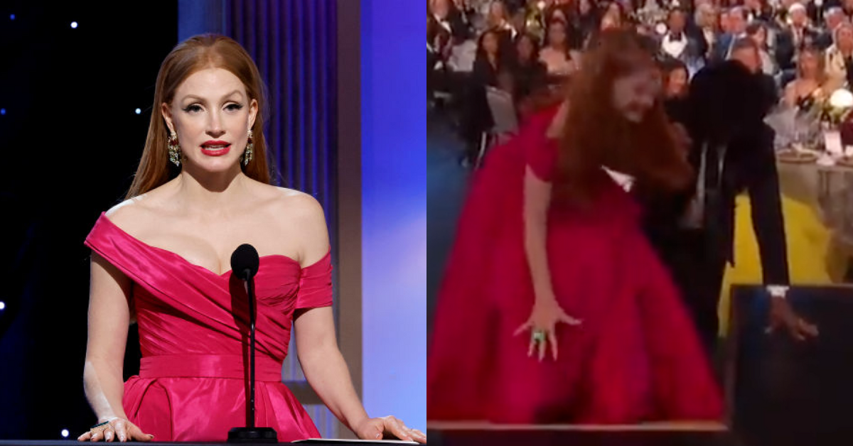 Jessica Chastain; Twitter screenshot of the moment Chastain tripped at the SAG awards ceremony