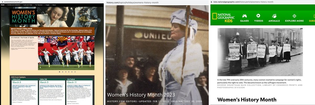 webpages showing mostly white women during Women's History Month