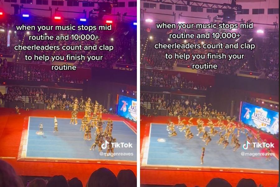 Crowd helps when music cuts out during cheer competition