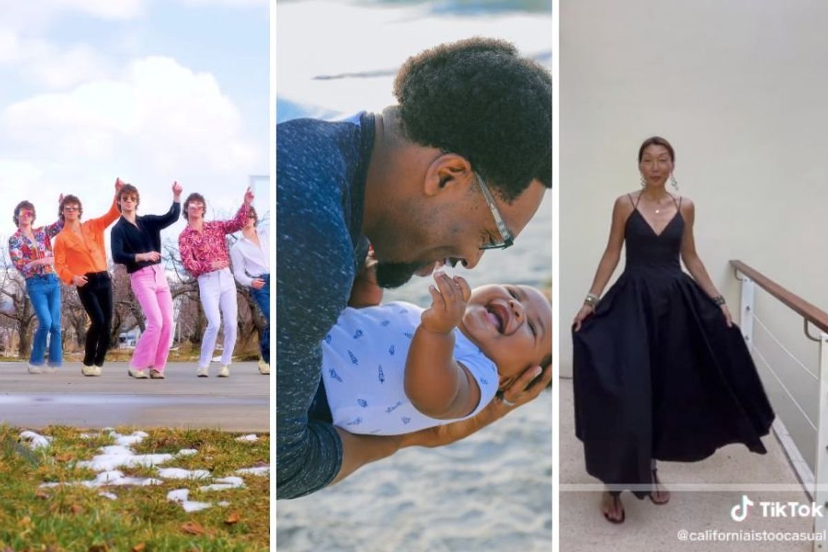 dancing, dad and baby, woman in dress
