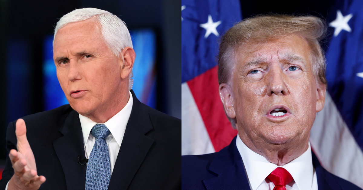 A split image shows Mike Pence on the left with a questioning expression and Donald Trump in the middle of speaking on the right.