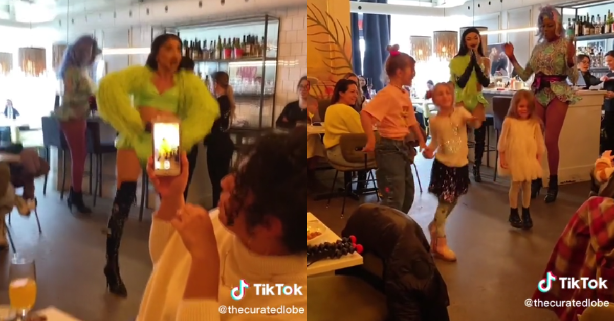 Screenshots from the TikTok video of the drag brunch