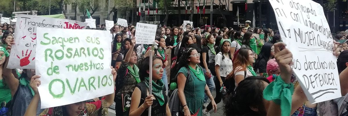 Women march to demand safe and legal abortion access in Mexico City, 2018.