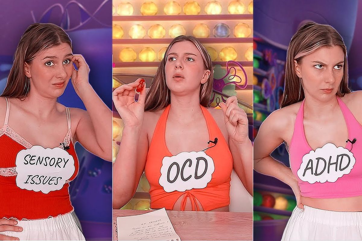 Woman in various outfits doing skit