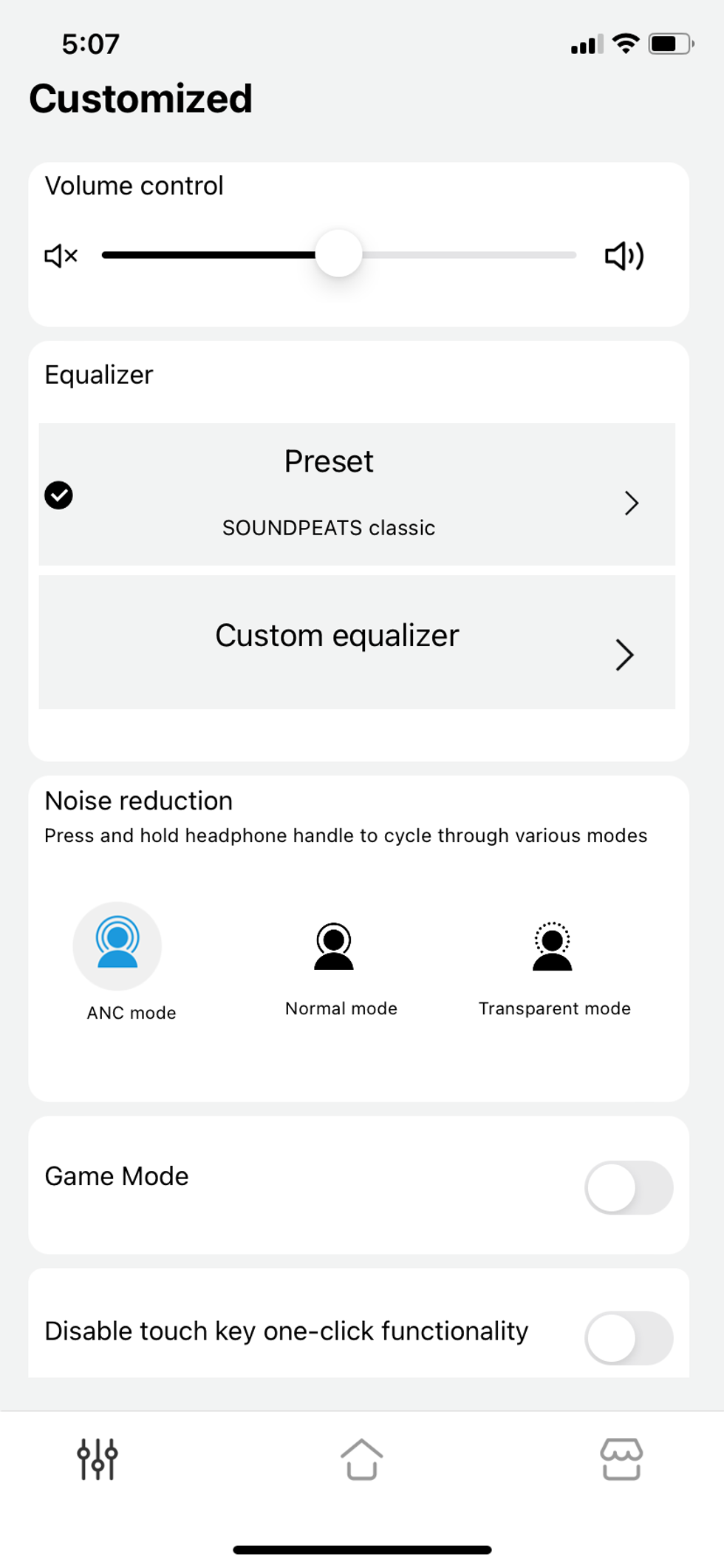 screenshot of soundpeats app showing setting screen