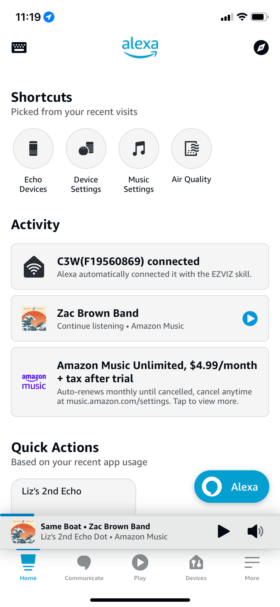 a screenshot of Alexa home page in Alexa app