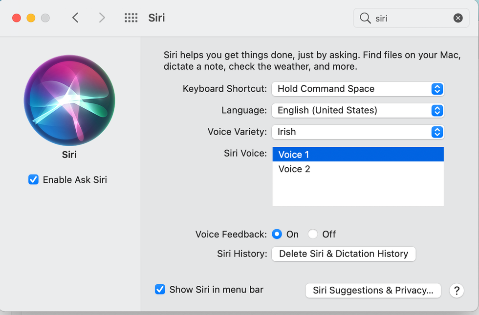 a screenshot of how to change Siri voice on a Mac