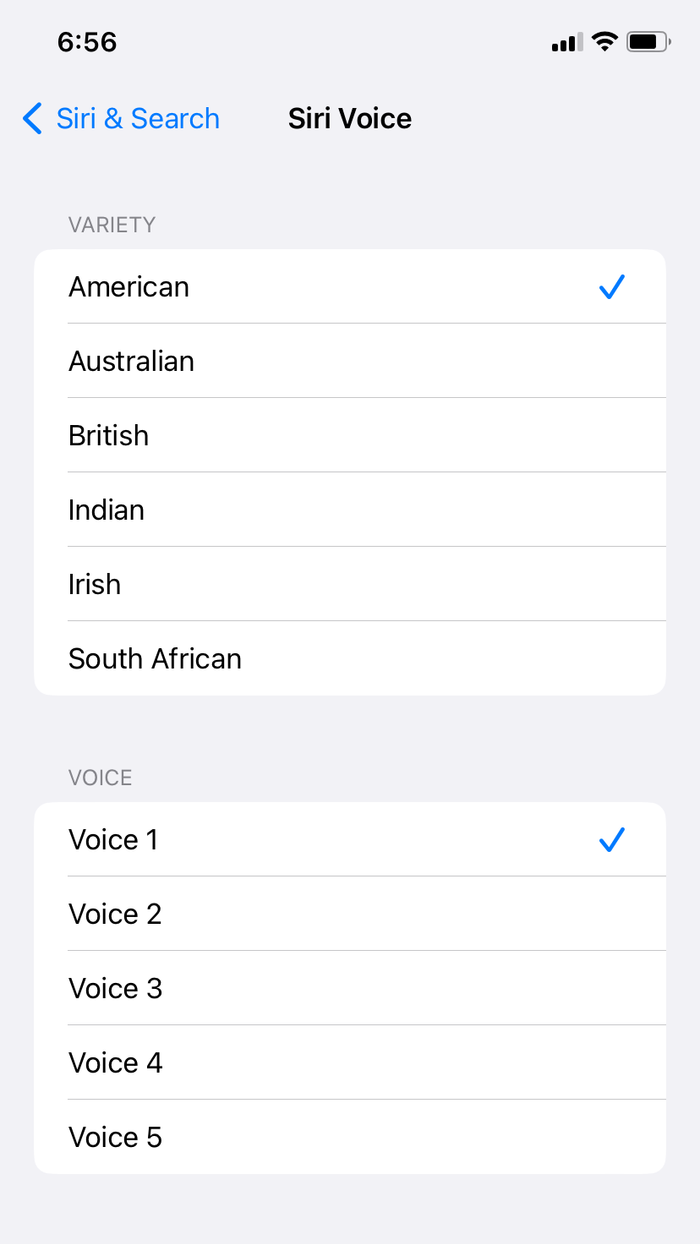 Select the gender and accent in the app for your iPhone or iPad