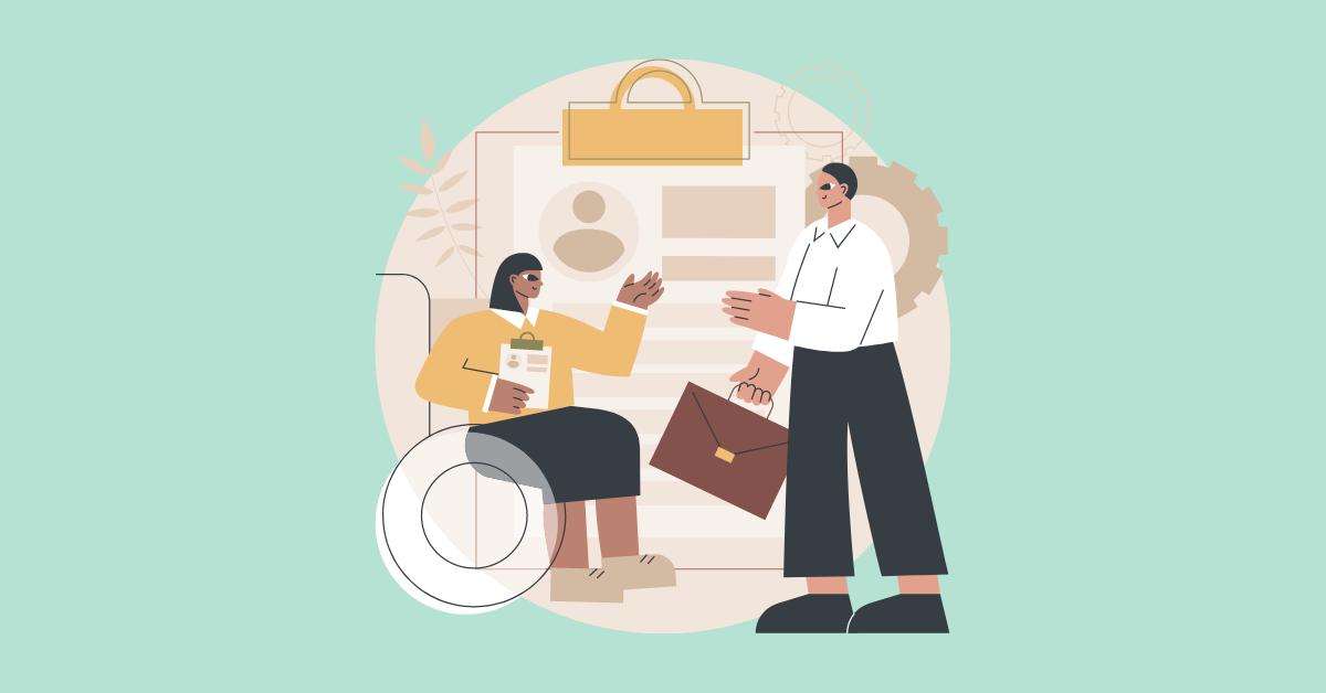 A cartoon image of a woman in a wheelchair and a standing man talking about ableism at work