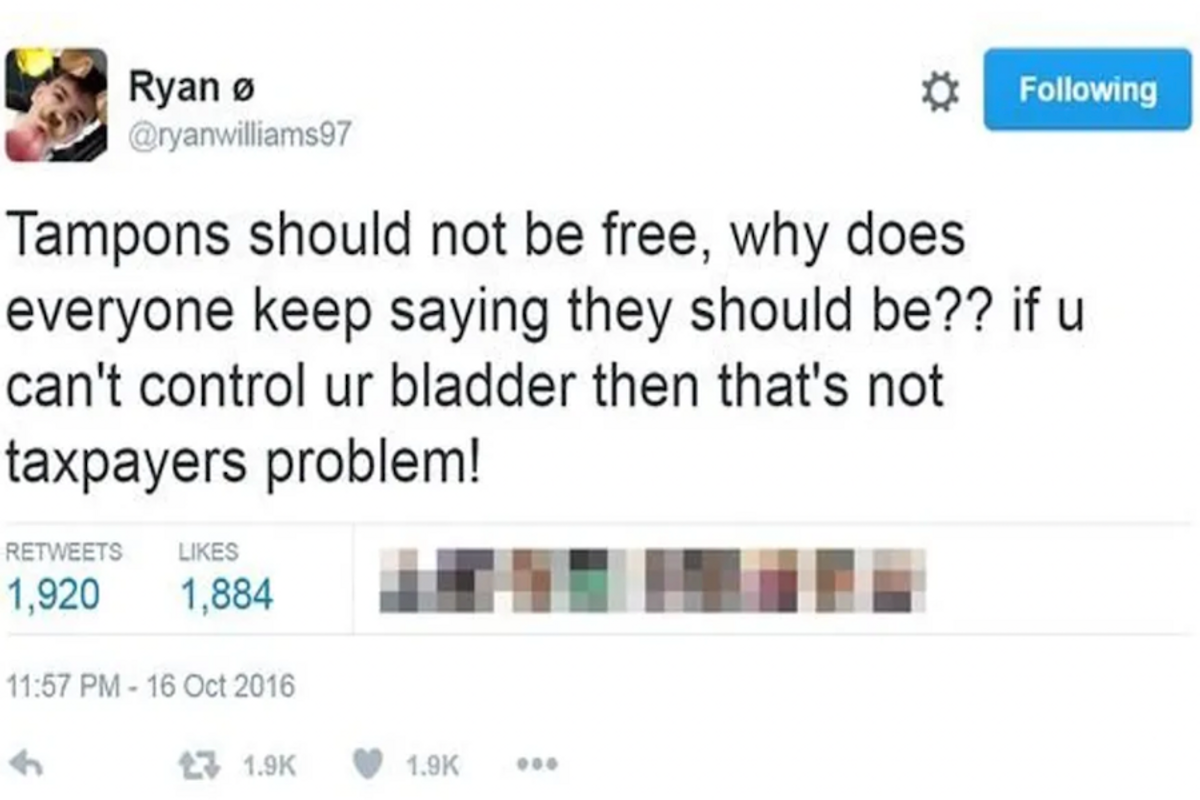 Tampons should not be free, why does everyone keep saying they should be?? If you can't control your bladder then that's not taxpayer's problem