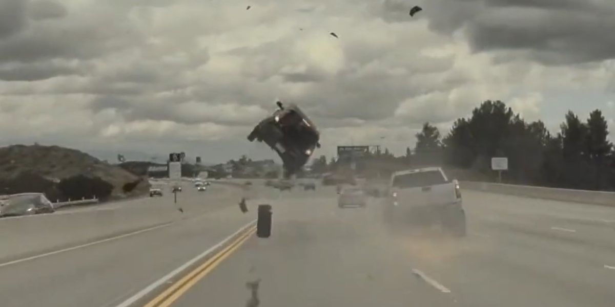 NextImg:Footage shows loose tire send Kia Soul flying above LA freeway