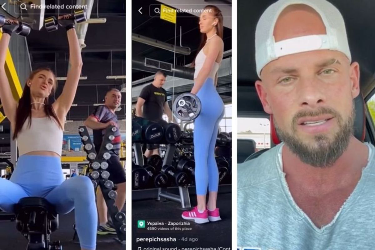 Woman at the gym; man talking to camera
