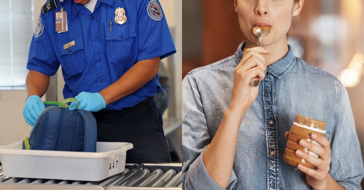 TSA agent inspecting a bag; woman eating peanut butter