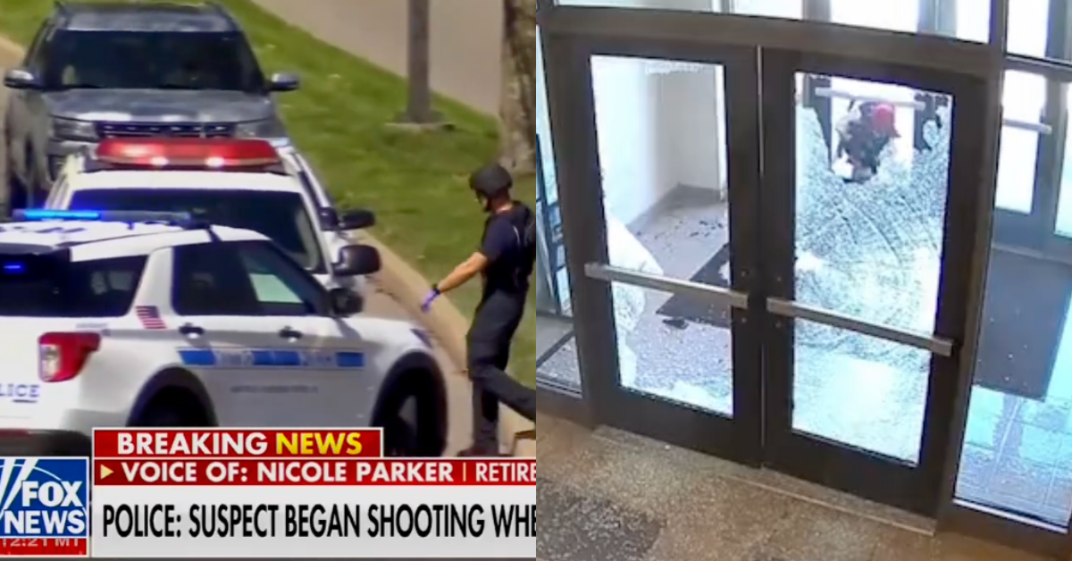 Split image with a screenshot of a Fox News broadcast showing police outside of Nashville's Covenant School on the left and a screenshot from a surveillance video of the shooter entering the school after shooting out a set of glass doors on the right.