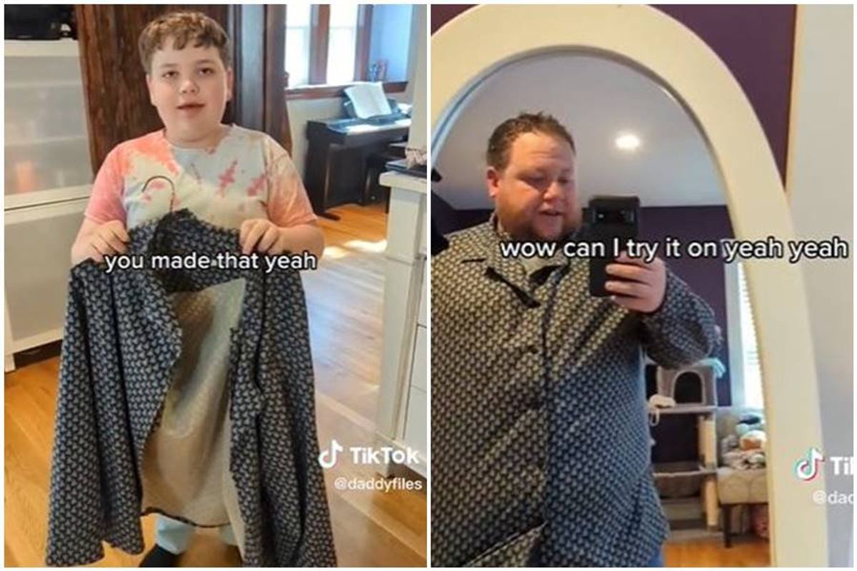 screenshot of a child holding a shirt; screenshot of a man taking a mirror selfie