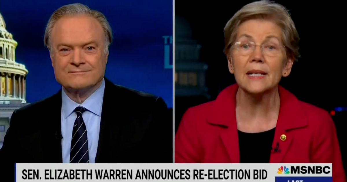 MSNBC screenshot of Elizabeth Warren speaking to Lawrence O'Donnell