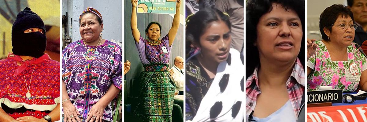 From left to right: Comandanta Ramona, Rigoberta Menchú, Aura Lolita Chávez Ixcaquic, Guadalupe Vázquez Luna, Berta Cáceres and Leydy Pech