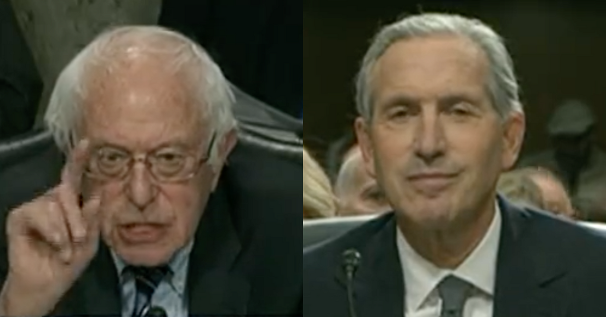 C-SPAN 3 screenshot of Bernie Sanders; C-SPAN 3 screenshot of Howard Schultz