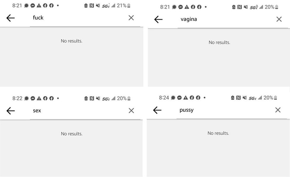 Screenshots of word searches from a phone, showing "no results" for the words  "fuck," "vagina," "sex," and "pussy"
