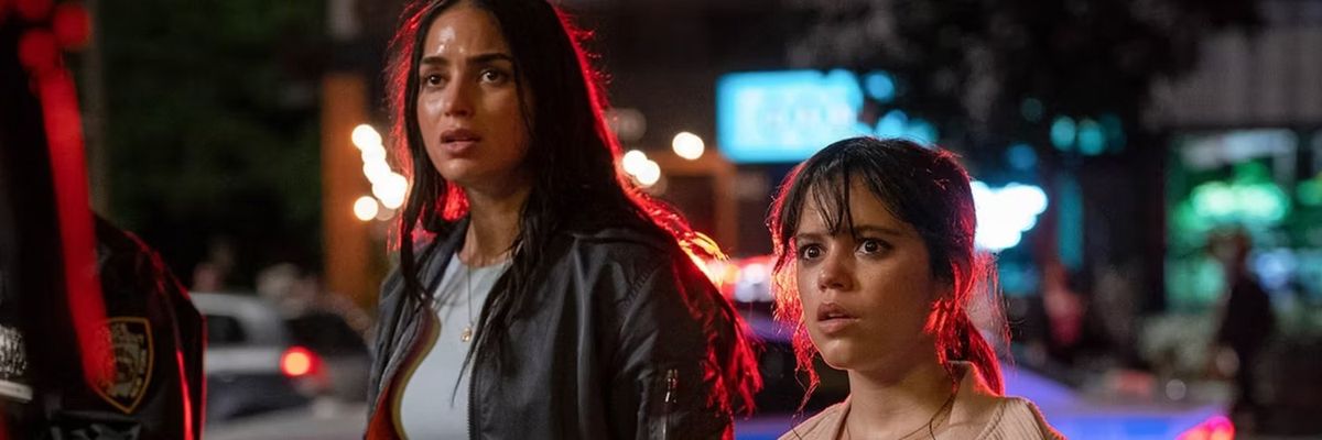 Still from the film Scream 6 starring Melissa Barrera and Jenna Ortega