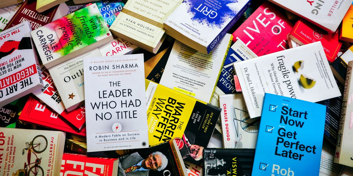 Pile of self-improvement and leadership books