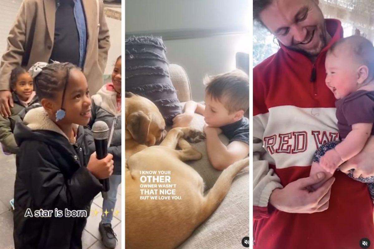 girl singing, boy with dog, dad with giggling baby