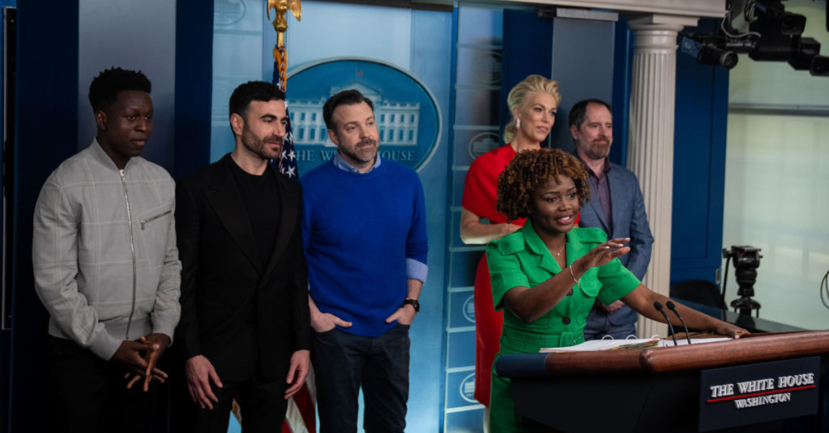The "Ted Lasso" cast appears during a White House press briefing