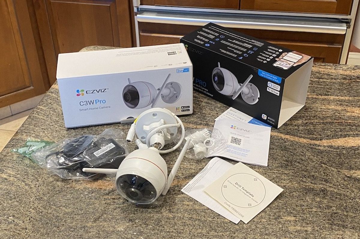 a photo of Ezviz C3W Pro security camera unboxed.