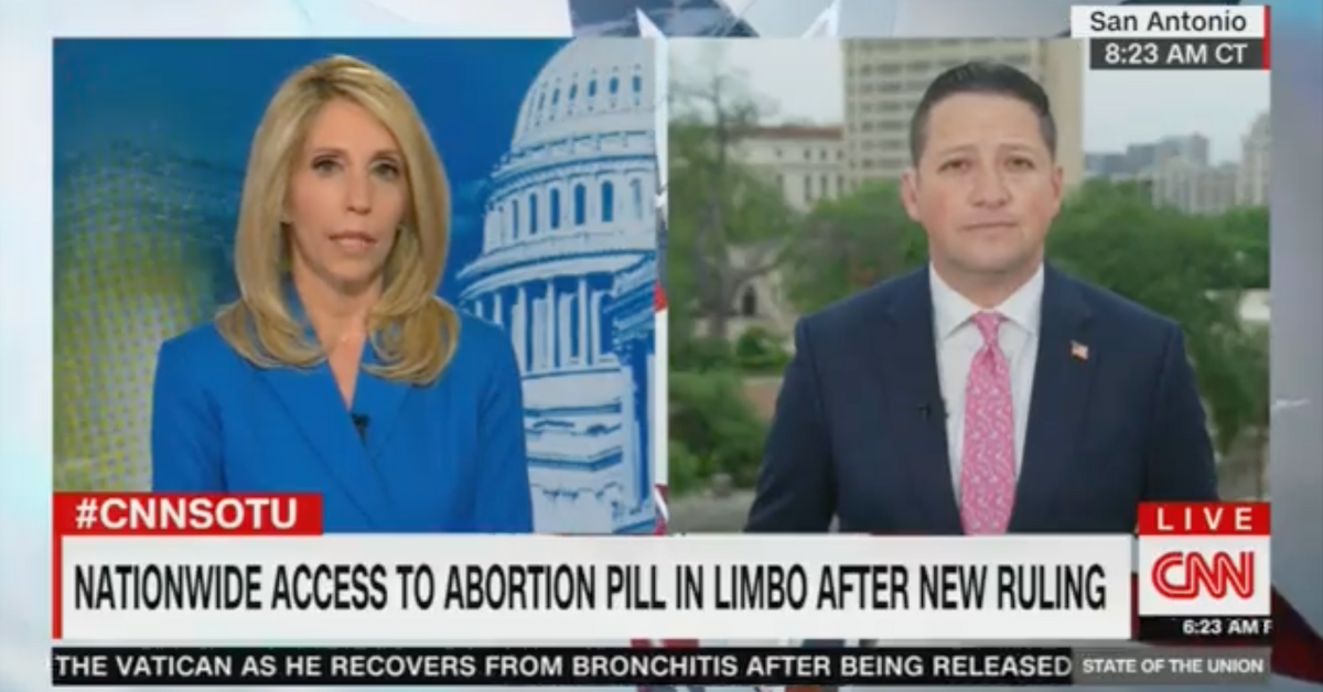 Screenshot of a CNN broadcast with CNN host Dana Bash on the left and Texas Representative Tony Gonzales on the right. The lower third text reads "Nationwide Access to Abortion Pill in Limbo After New Ruling"