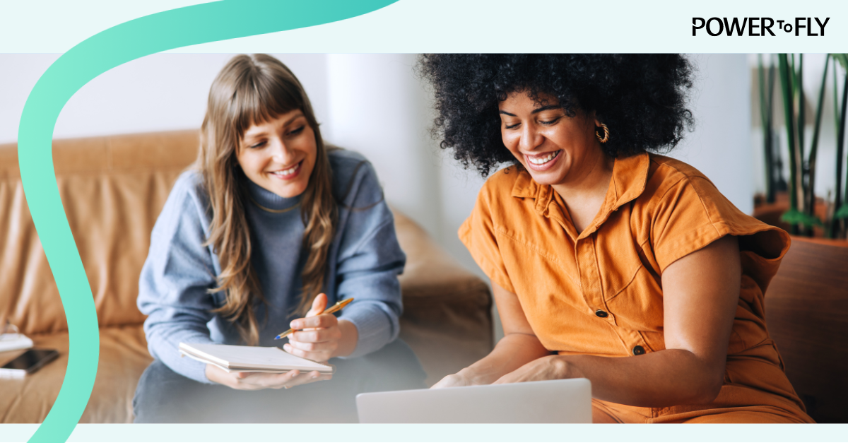 Two women looking at the PowerToFly DEIB Business Suite online