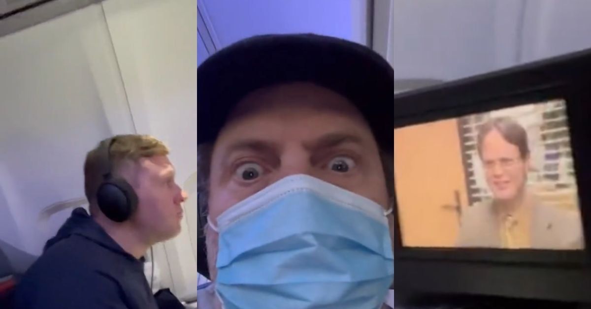 Screenshots from Rainn Wilson's Instagram video of him next to a passenger watching "The Office"