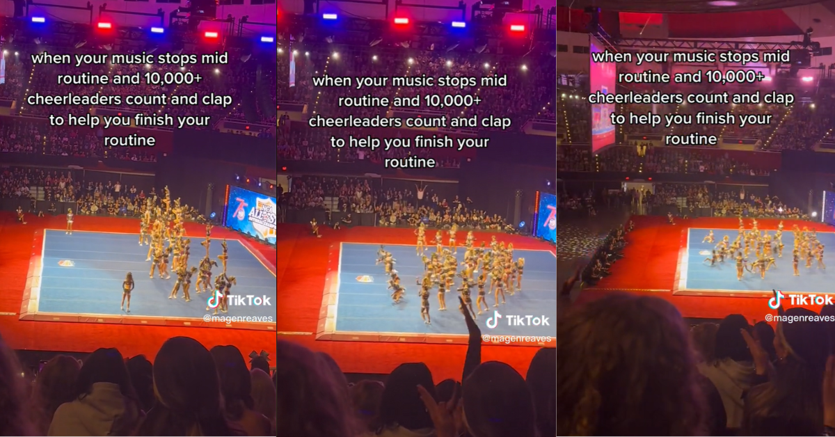Cheerleaders supporting each other after music during competition turned off 