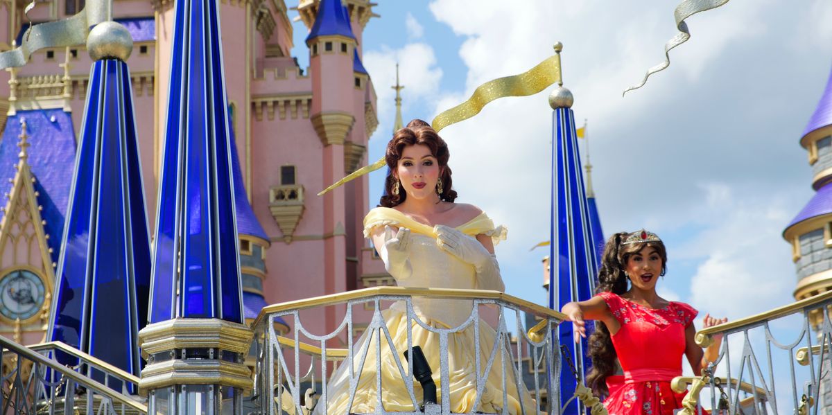 Belle and Princess Elena face characters at Disney World