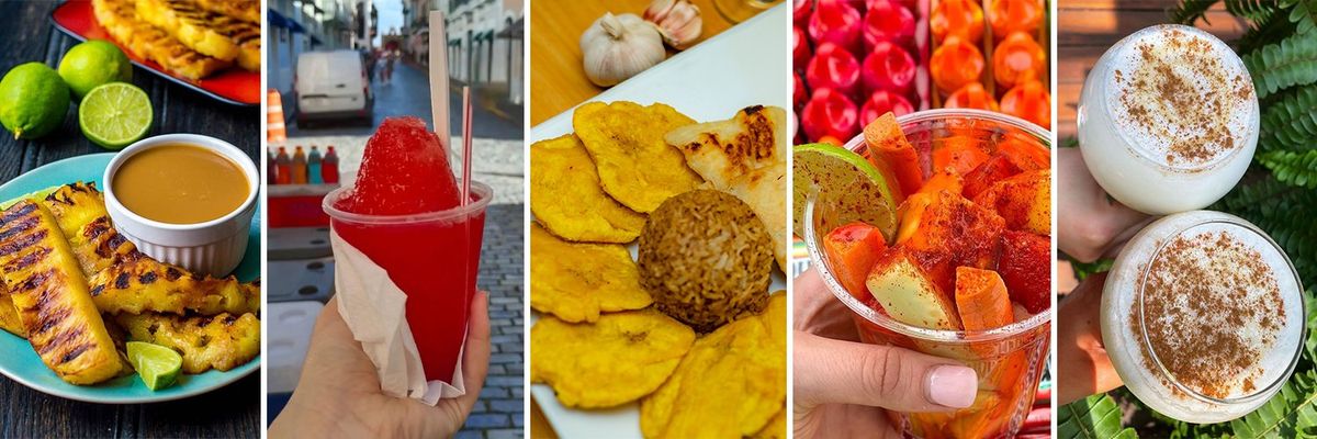 From left to right: Brazilian grilled pineapple, Puerto Rican piragua, Colombian tostones, Mexican fruta con chile and Venezuelan cocada