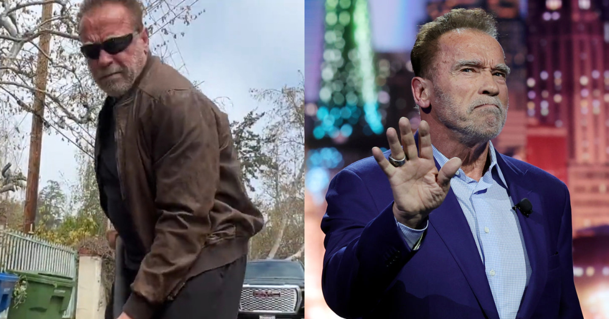 Split screen of Arnold Schwarzenegger patching pothole (L); Arnold Schwarzenegger at an event