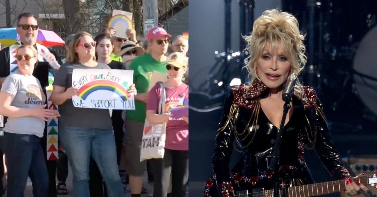 Parents protesting in front of the Waukesha School District; Dolly Parton
